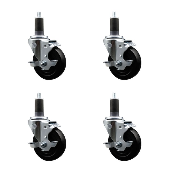 Service Caster 4'' SS Soft Rubber Swivel 1-1/4'' Expanding Stem Caster Set with Brake, 4PK SCC-SSEX20S414-SRS-TLB-114-4 - main